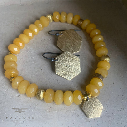 Gemstone Bracelet & Geometric Earrings Set 'Honey – Jadeite, Brass & Silver'