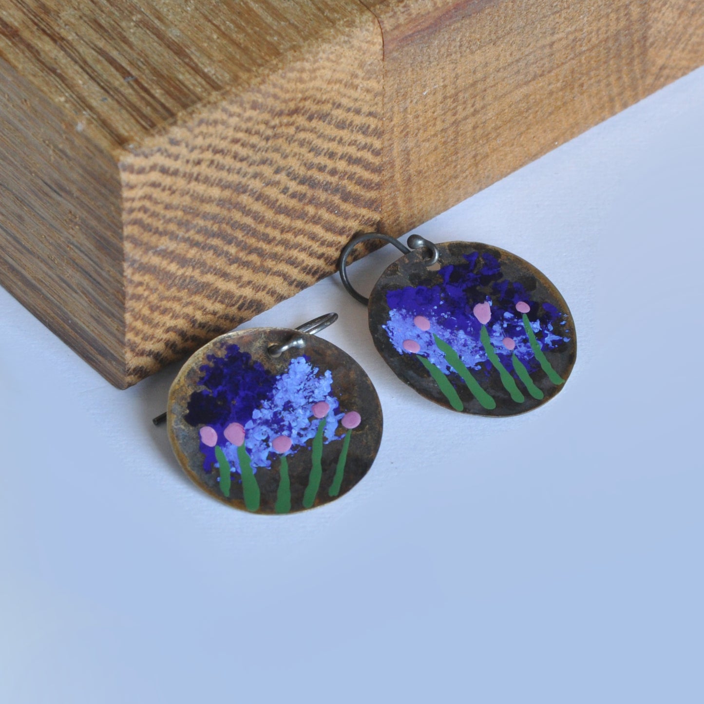 Patinated and enameled brass earrings 'Storm over Arles'