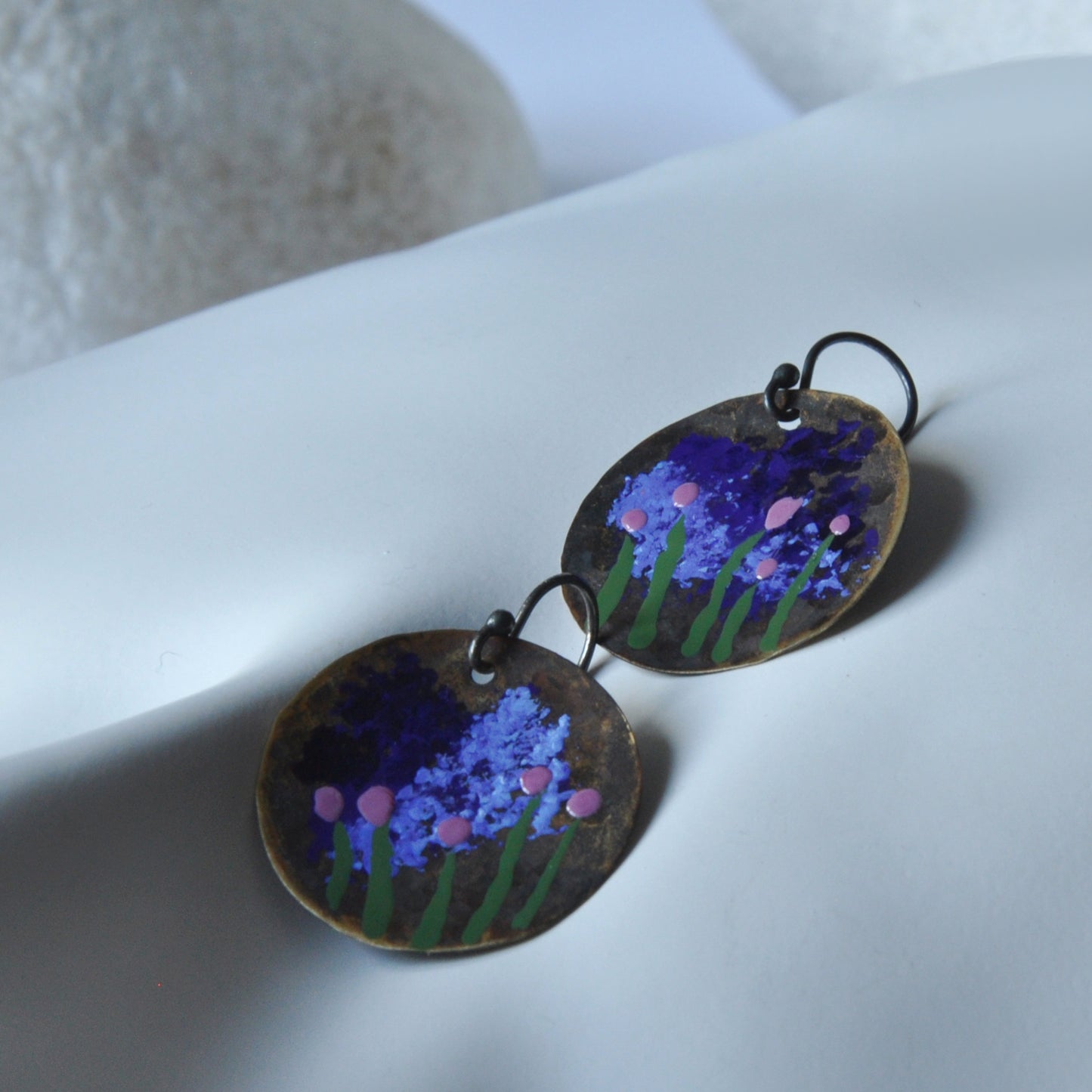 Patinated and enameled brass earrings 'Storm over Arles'