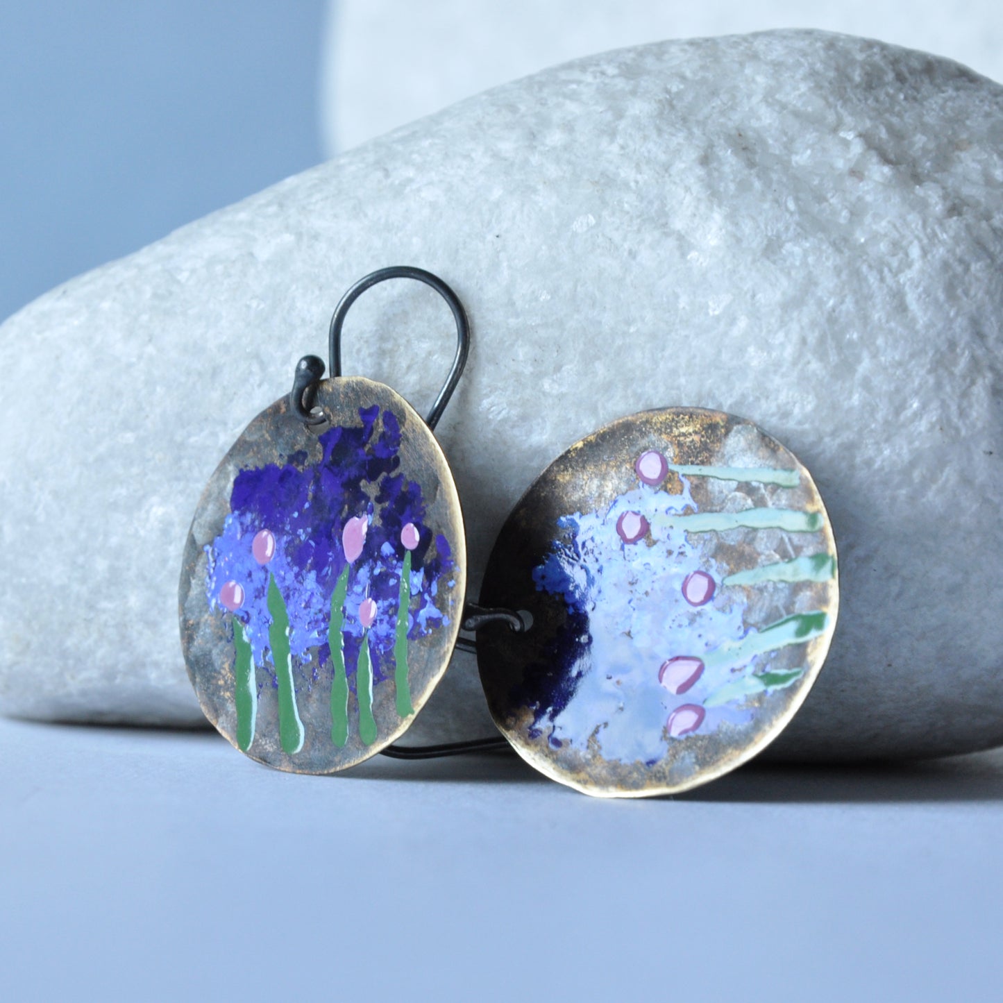 Patinated and enameled brass earrings 'Storm over Arles'