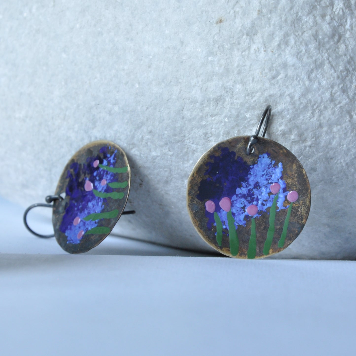 Patinated and enameled brass earrings 'Storm over Arles'