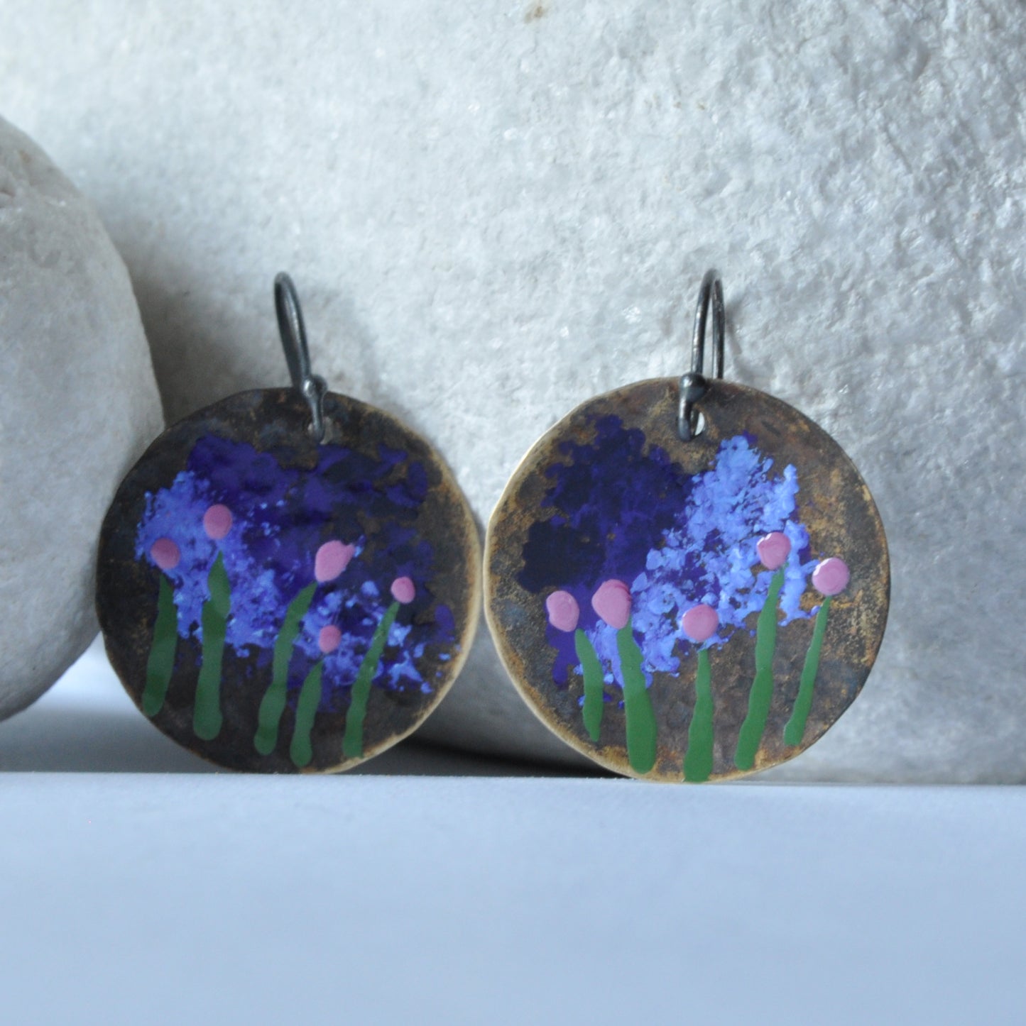 Patinated and enameled brass earrings 'Storm over Arles'