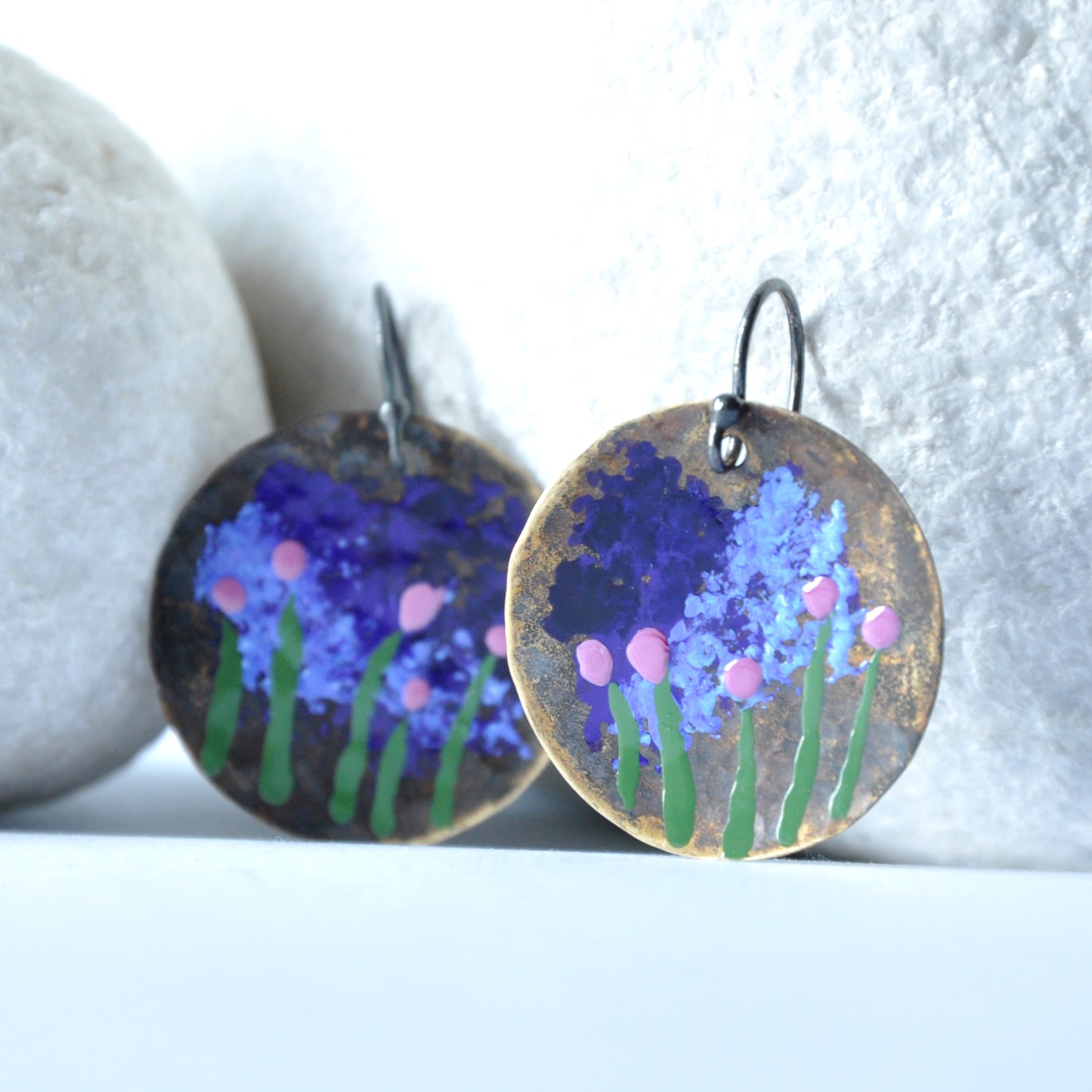 Patinated and enameled brass earrings 'Storm over Arles'