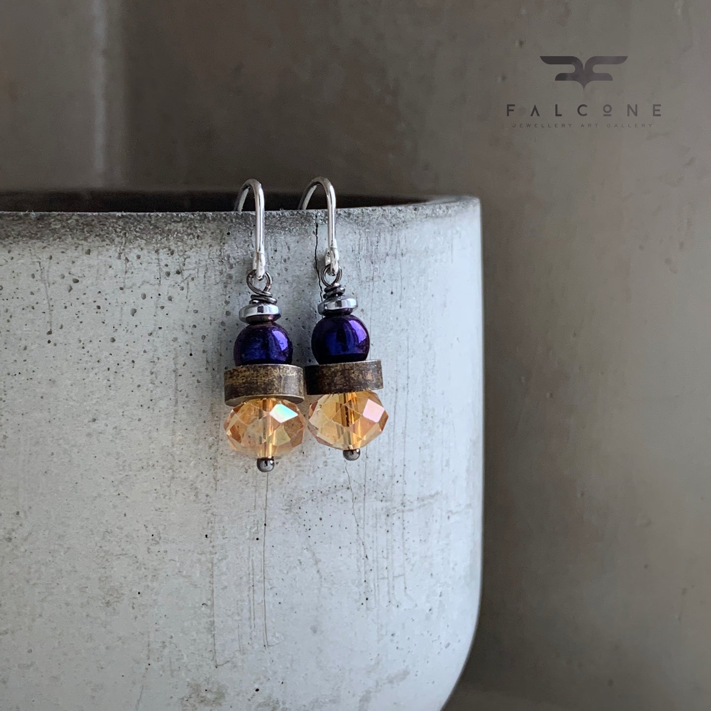 Glass, Brass, Hematite and Sterling Silver Earrings 'Champagne & Aubergine'