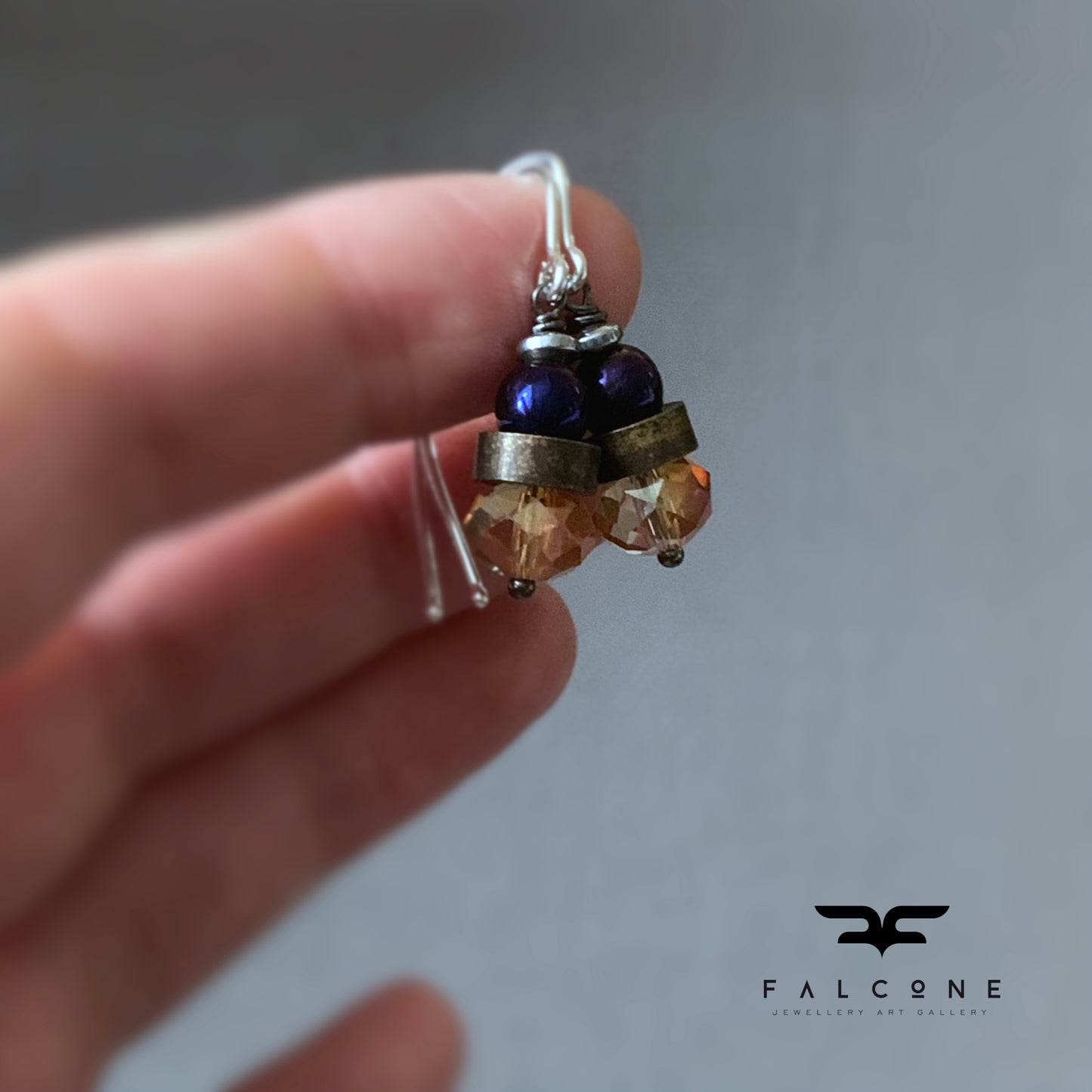 Glass, Brass, Hematite and Sterling Silver Earrings 'Champagne & Aubergine'