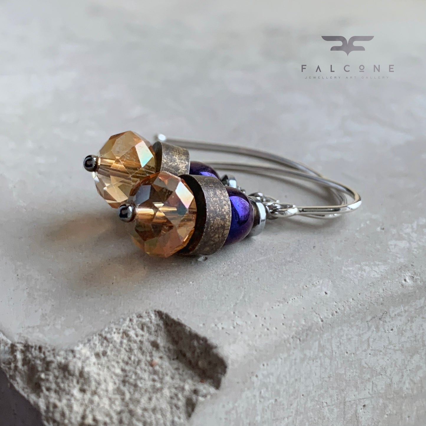 Glass, Brass, Hematite and Sterling Silver Earrings 'Champagne & Aubergine'