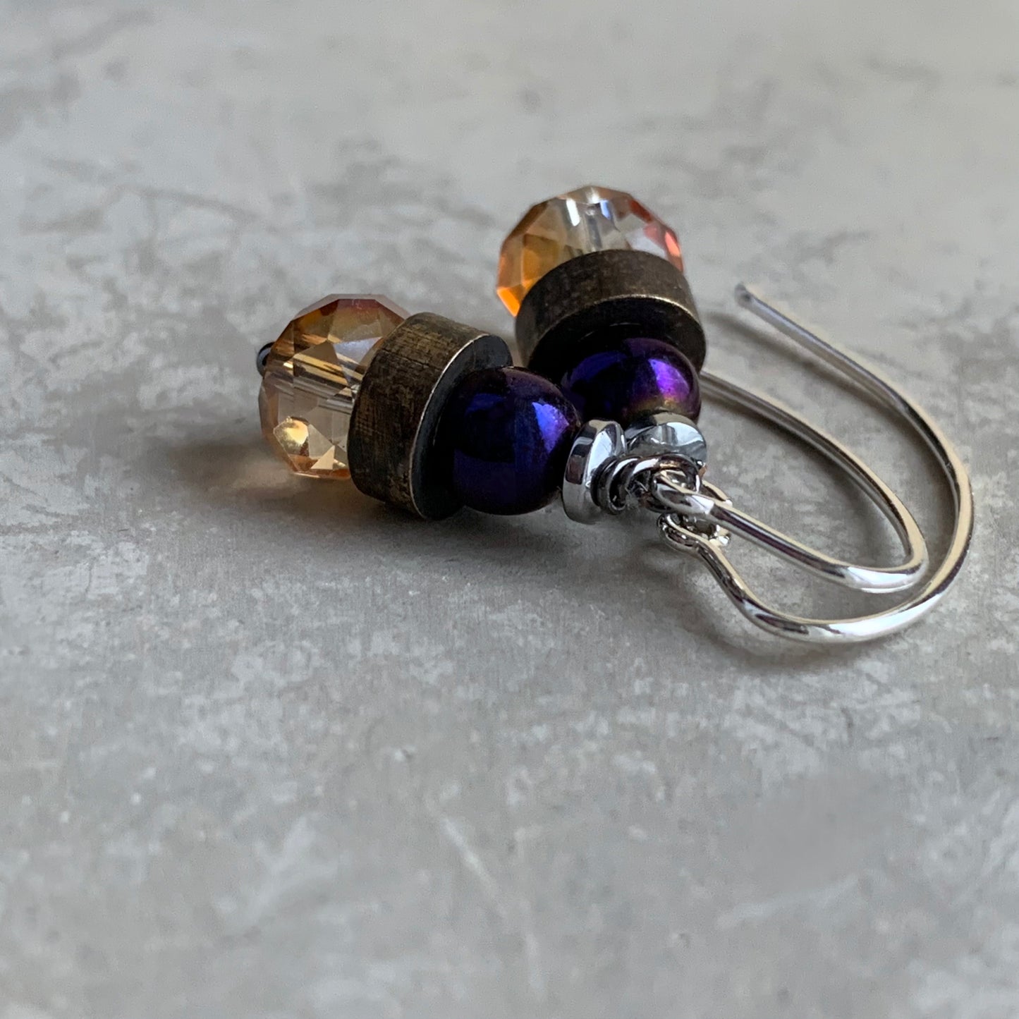 Glass, Brass, Hematite and Sterling Silver Earrings 'Champagne & Aubergine'