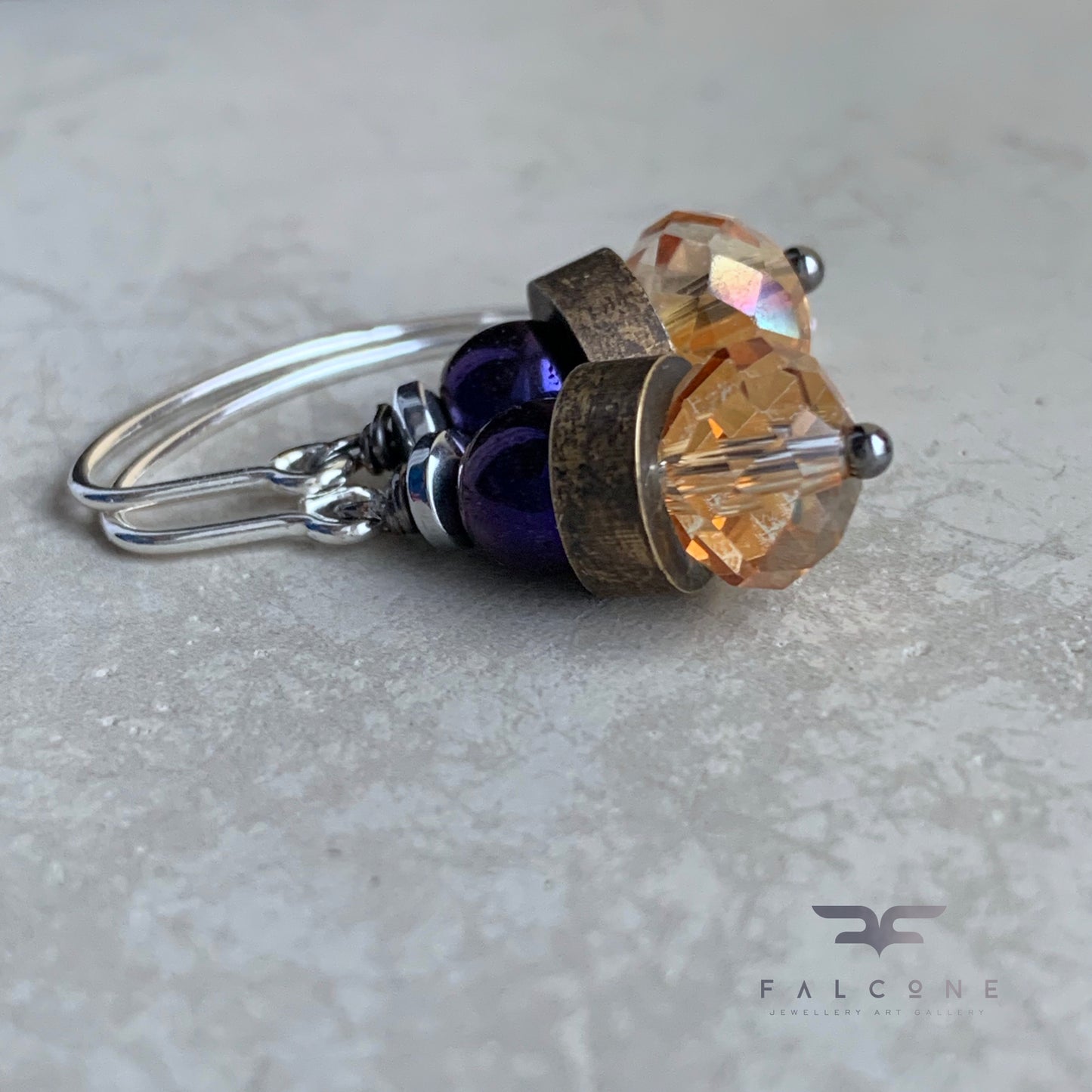 Glass, Brass, Hematite and Sterling Silver Earrings 'Champagne & Aubergine'