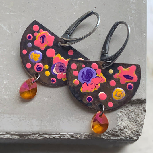 Brass, Swarovski Crystal and Sterling Silver Earrings 'Cosmic Garden & Swarovski Orange'
