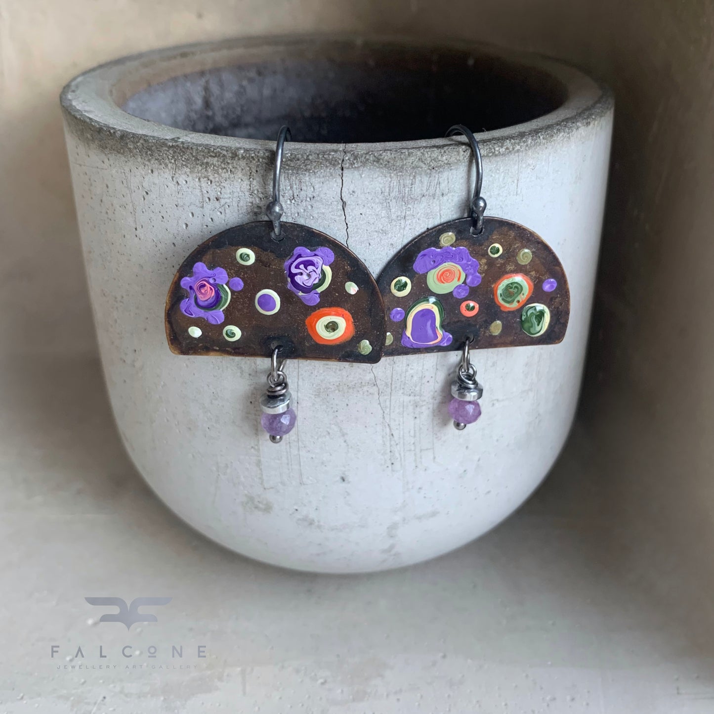 Brass, Jade and Sterling Silver Earrings 'Exotic Flowers & Cosmic Lavender'