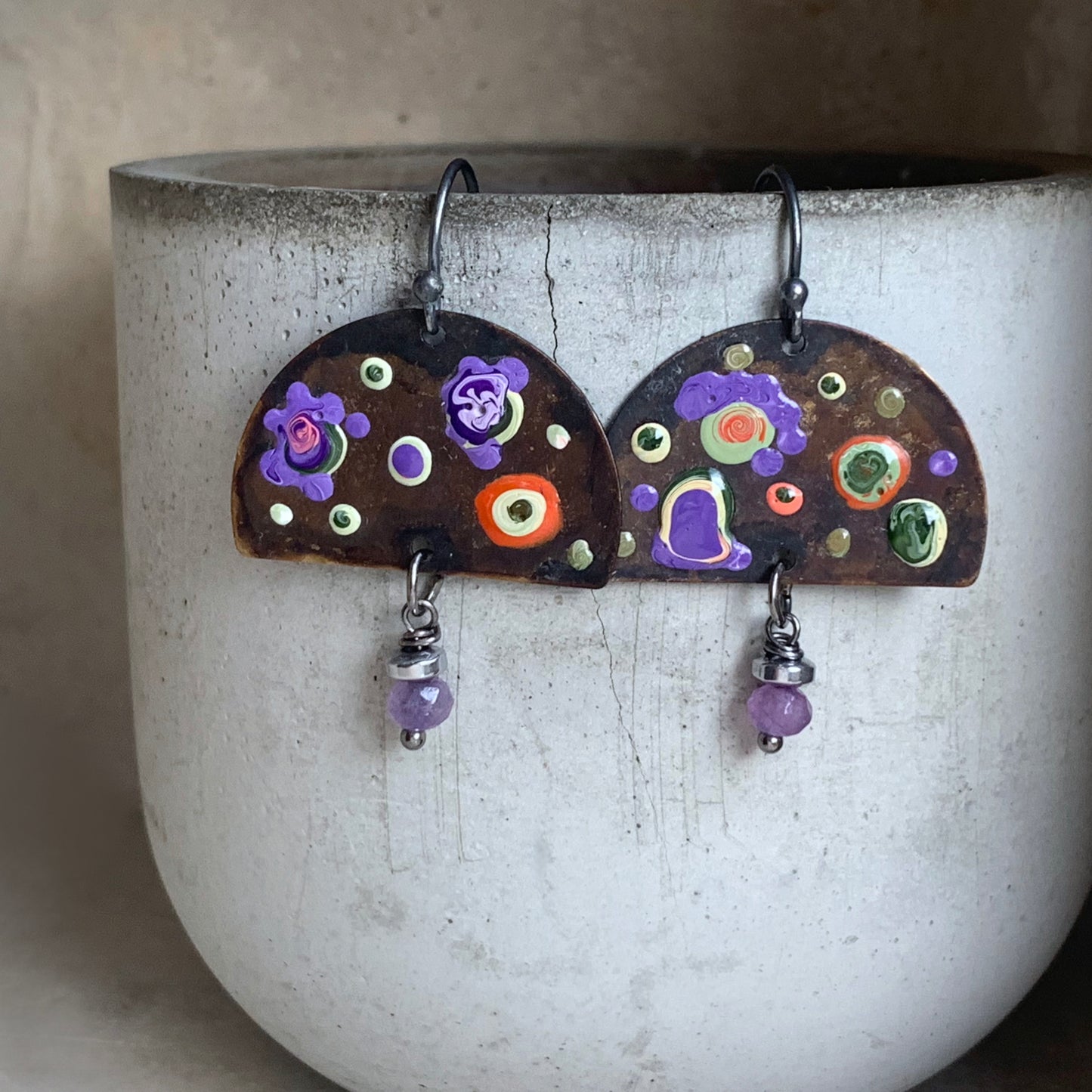 Brass, Jade and Sterling Silver Earrings 'Exotic Flowers & Cosmic Lavender'