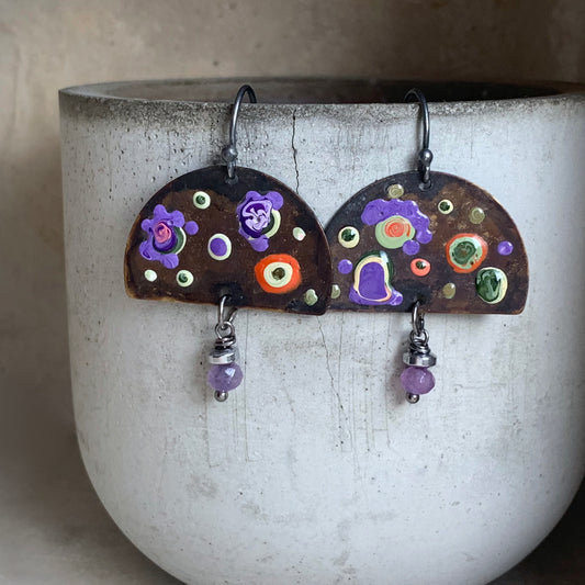 Brass, Jade and Sterling Silver Earrings 'Exotic Flowers & Cosmic Lavender'
