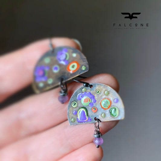 Brass, Jade and Sterling Silver Earrings 'Exotic Flowers & Cosmic Lavender'