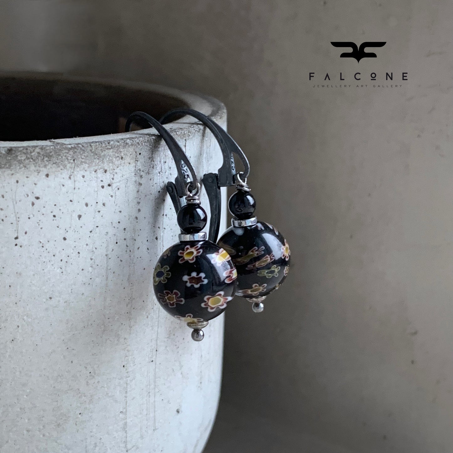 Glass, Onyx, and Silver Earrings 'Black Meadow Millefiori'