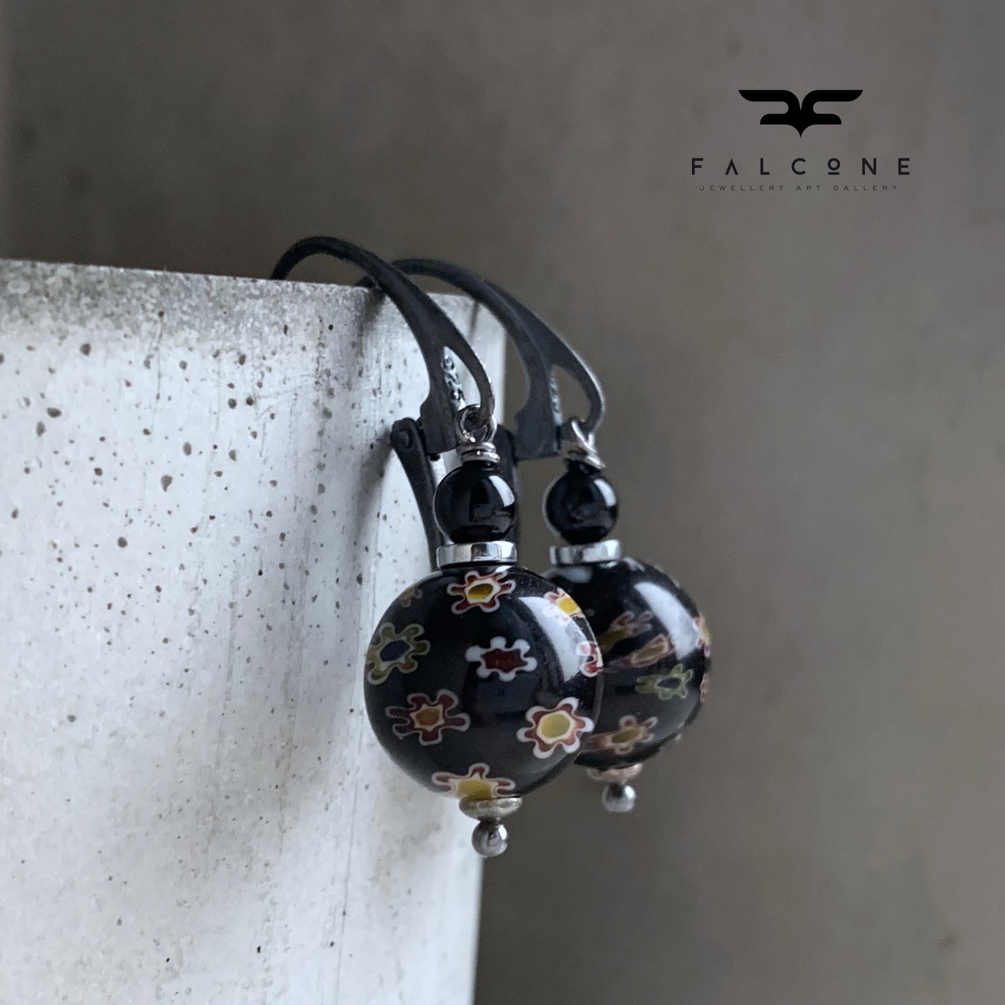 Glass, Onyx, and Silver Earrings 'Black Meadow Millefiori'