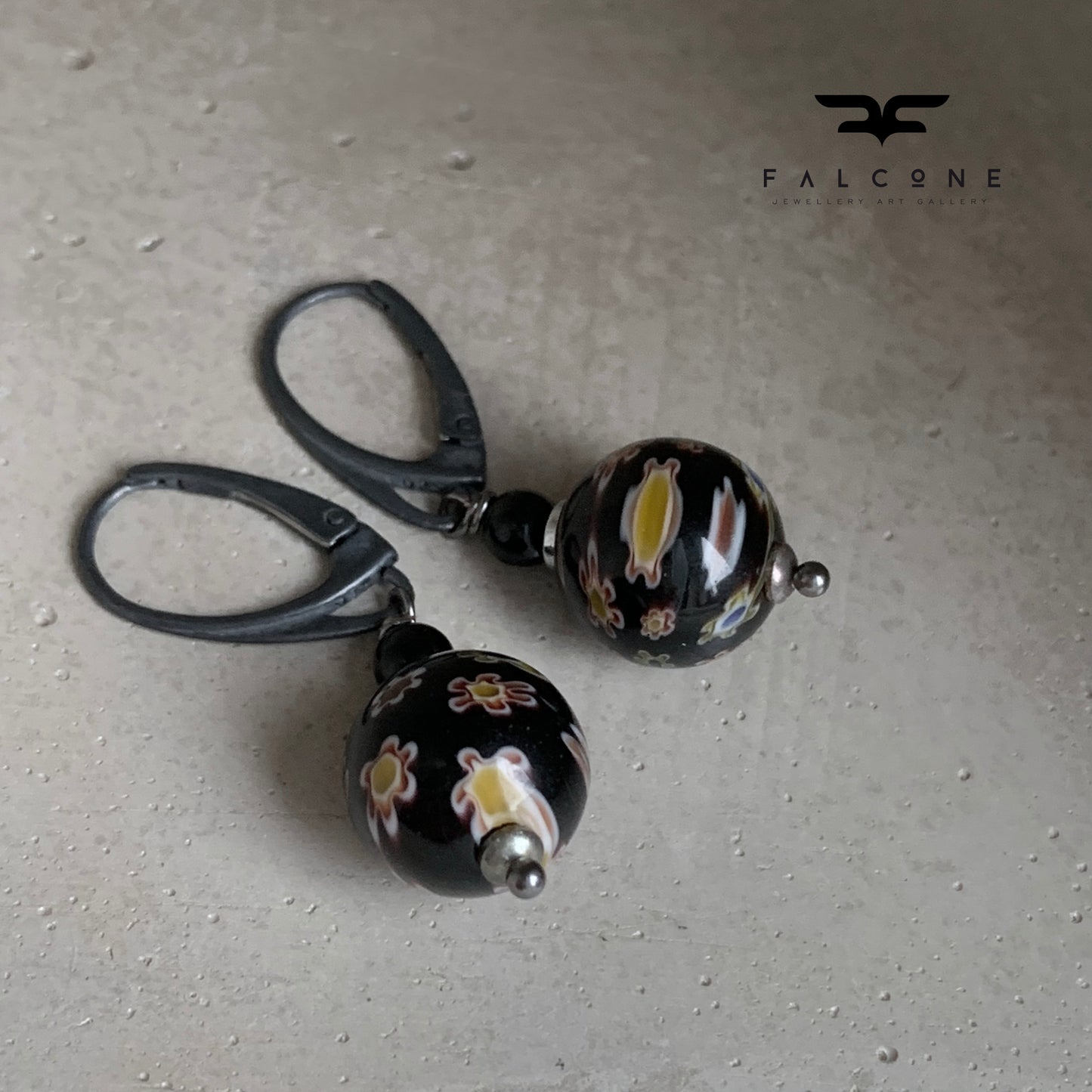 Glass, Onyx, and Silver Earrings 'Black Meadow Millefiori'