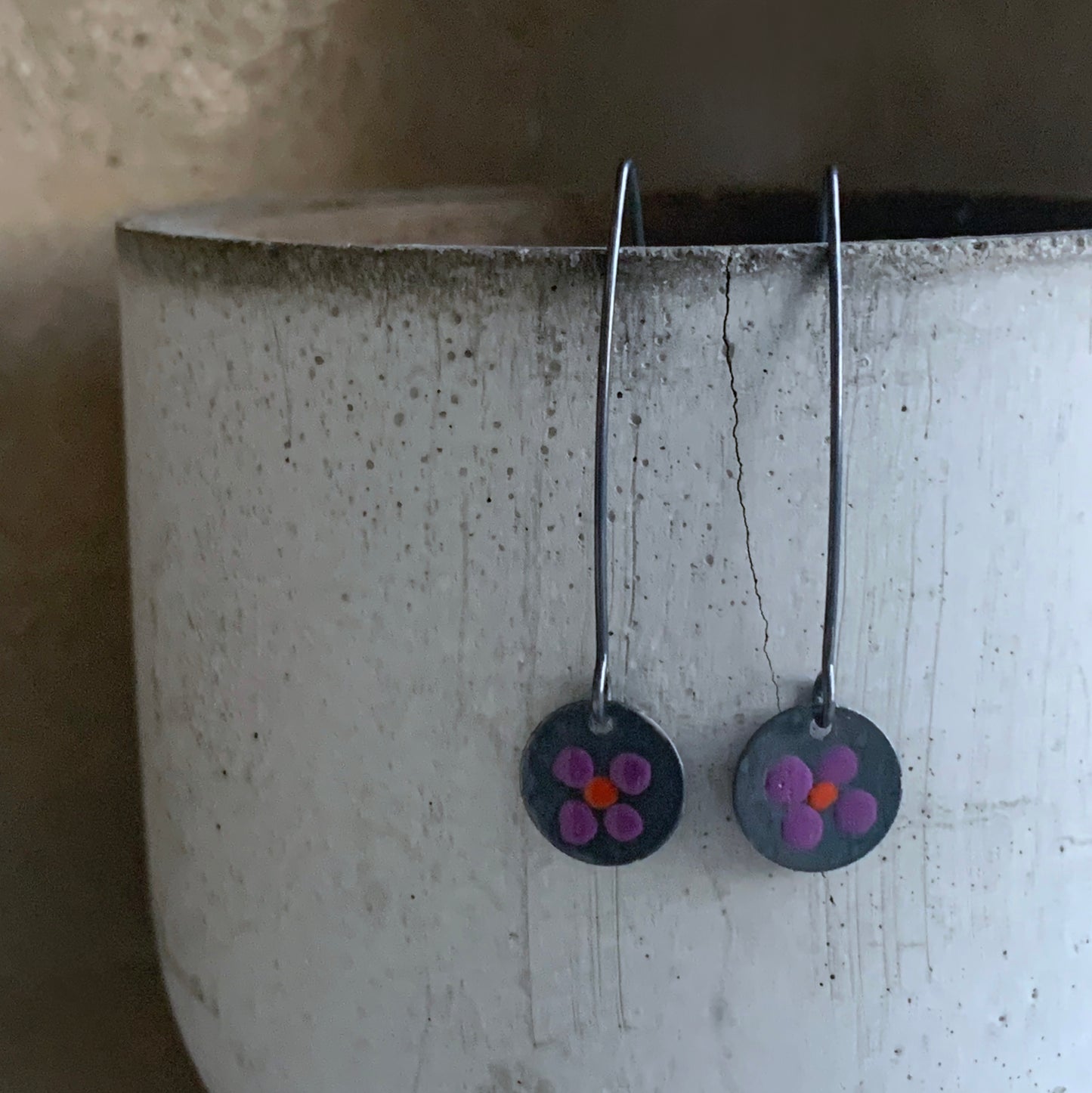 Enamelled Sterling Silver Earrings 'Wildflowers - Dark Purple & Red'