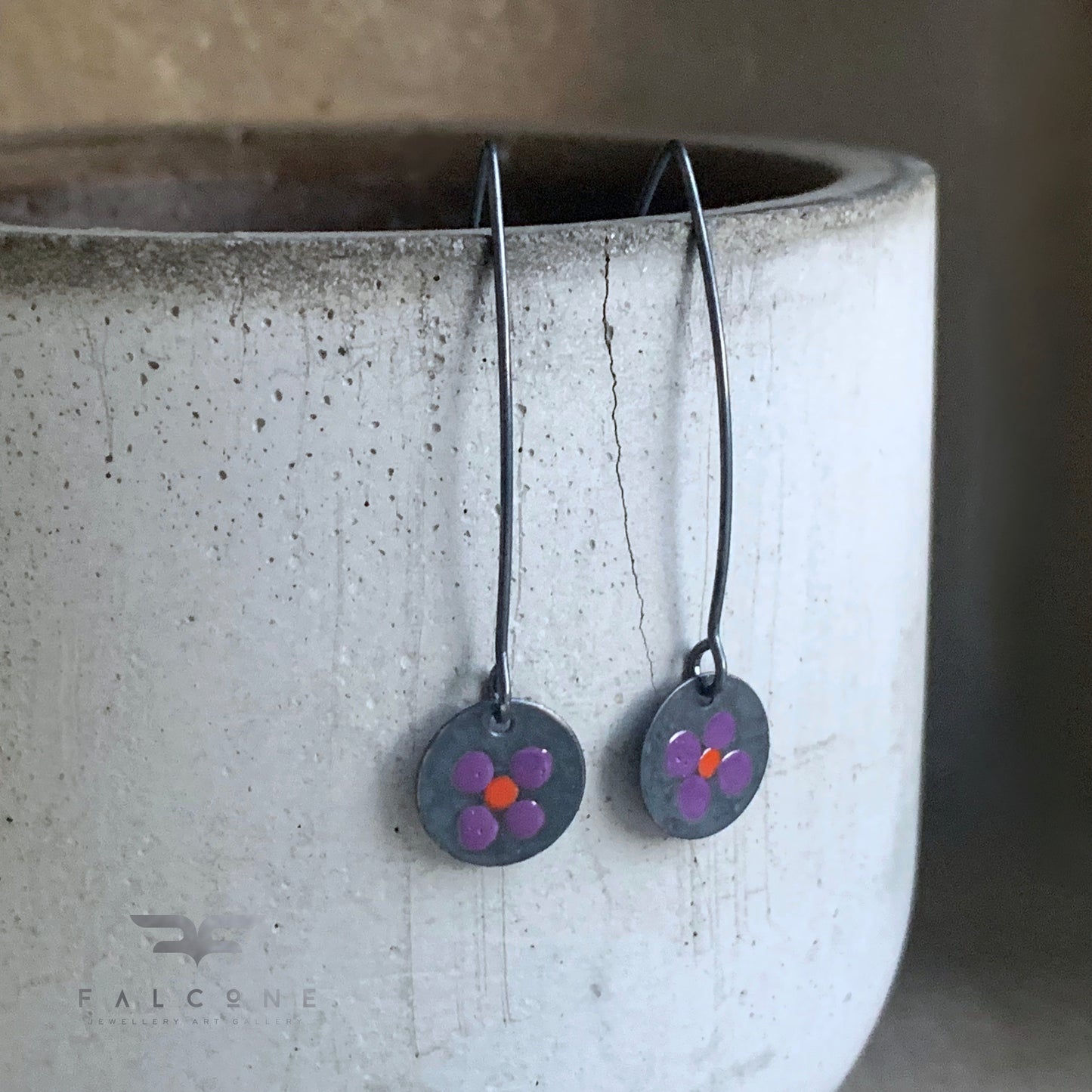 Enamelled Sterling Silver Earrings 'Wildflowers - Dark Purple & Red'