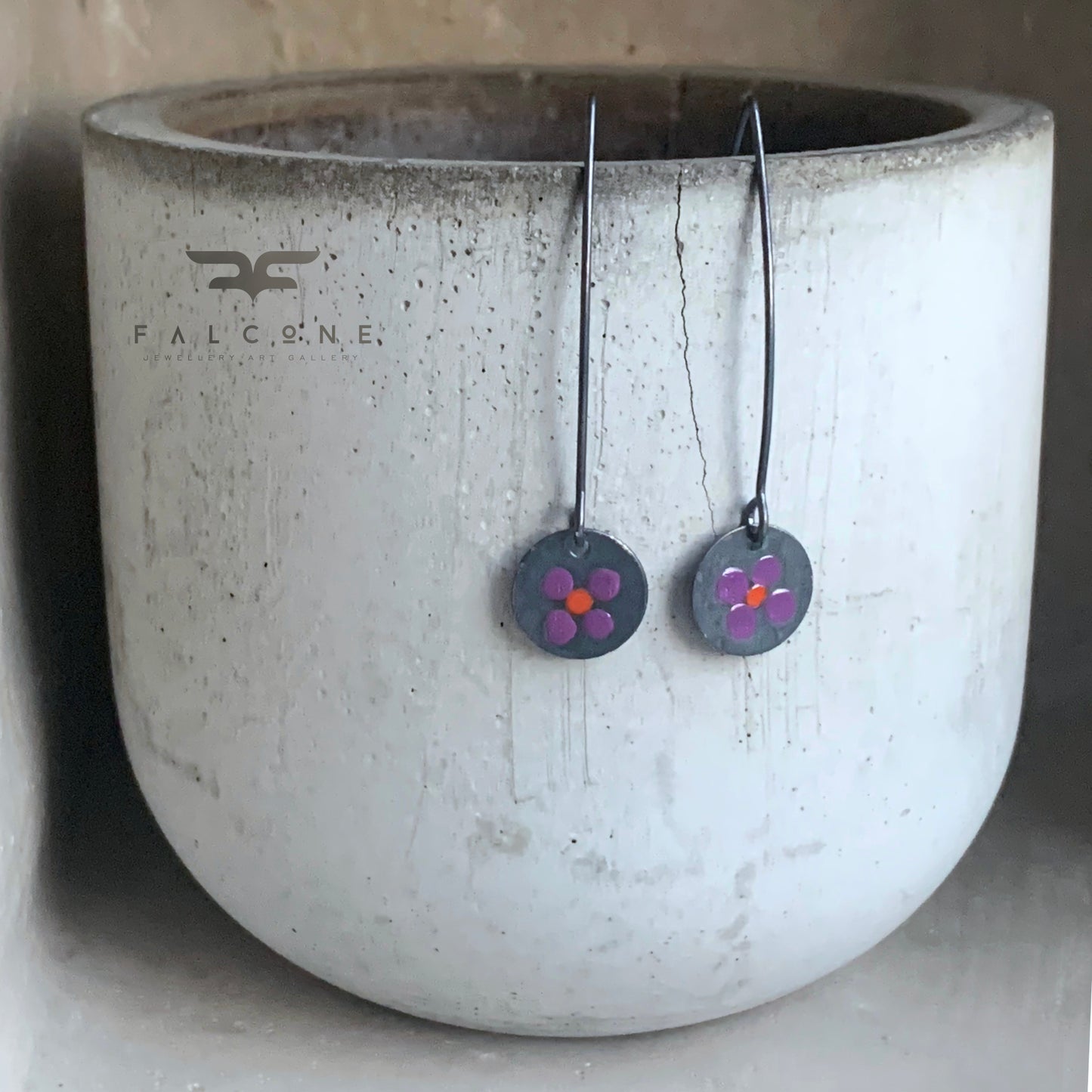 Enamelled Sterling Silver Earrings 'Wildflowers - Dark Purple & Red'
