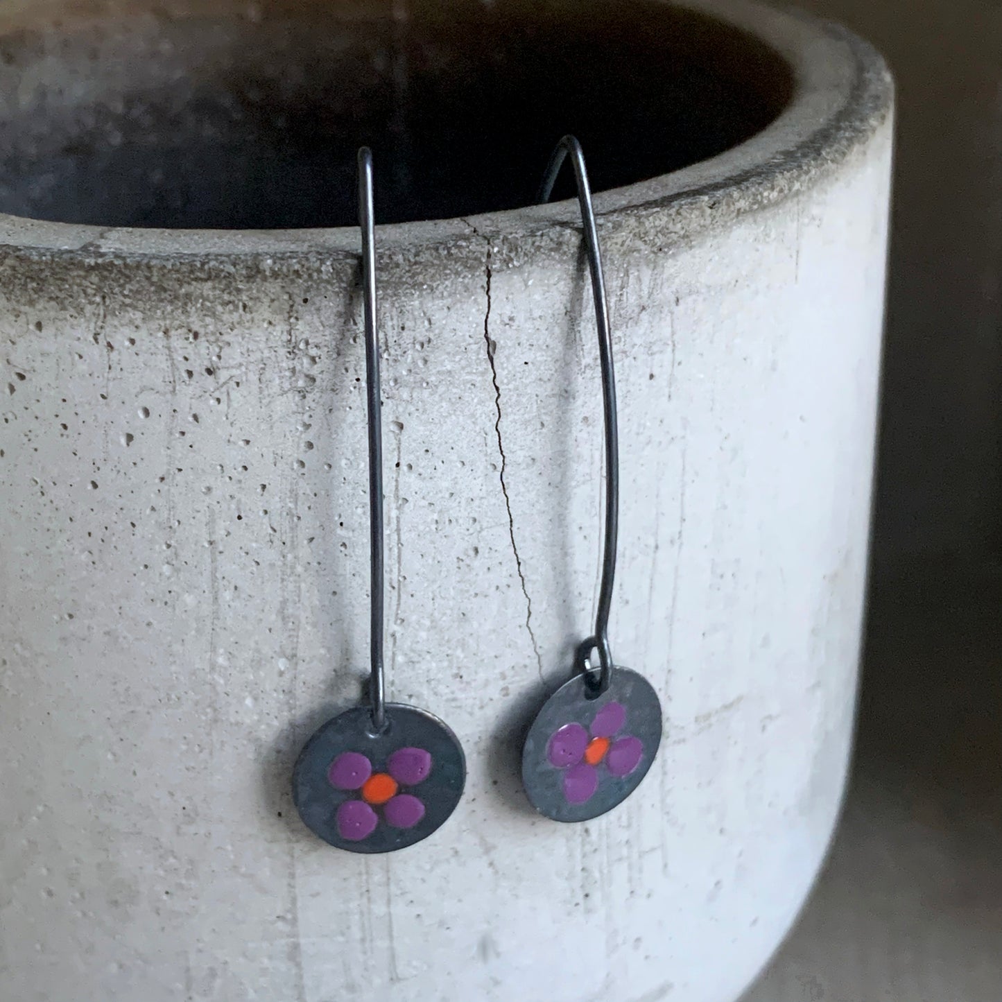 Enamelled Sterling Silver Earrings 'Wildflowers - Dark Purple & Red'