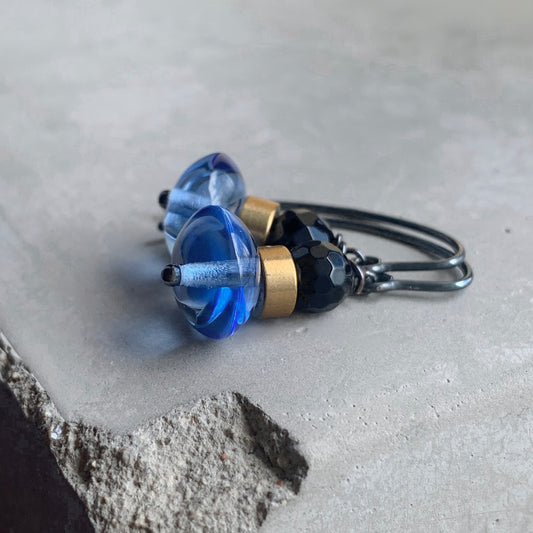 Brass, Onyx and Glass Earrings 'Cold Blue & Onyx Black'