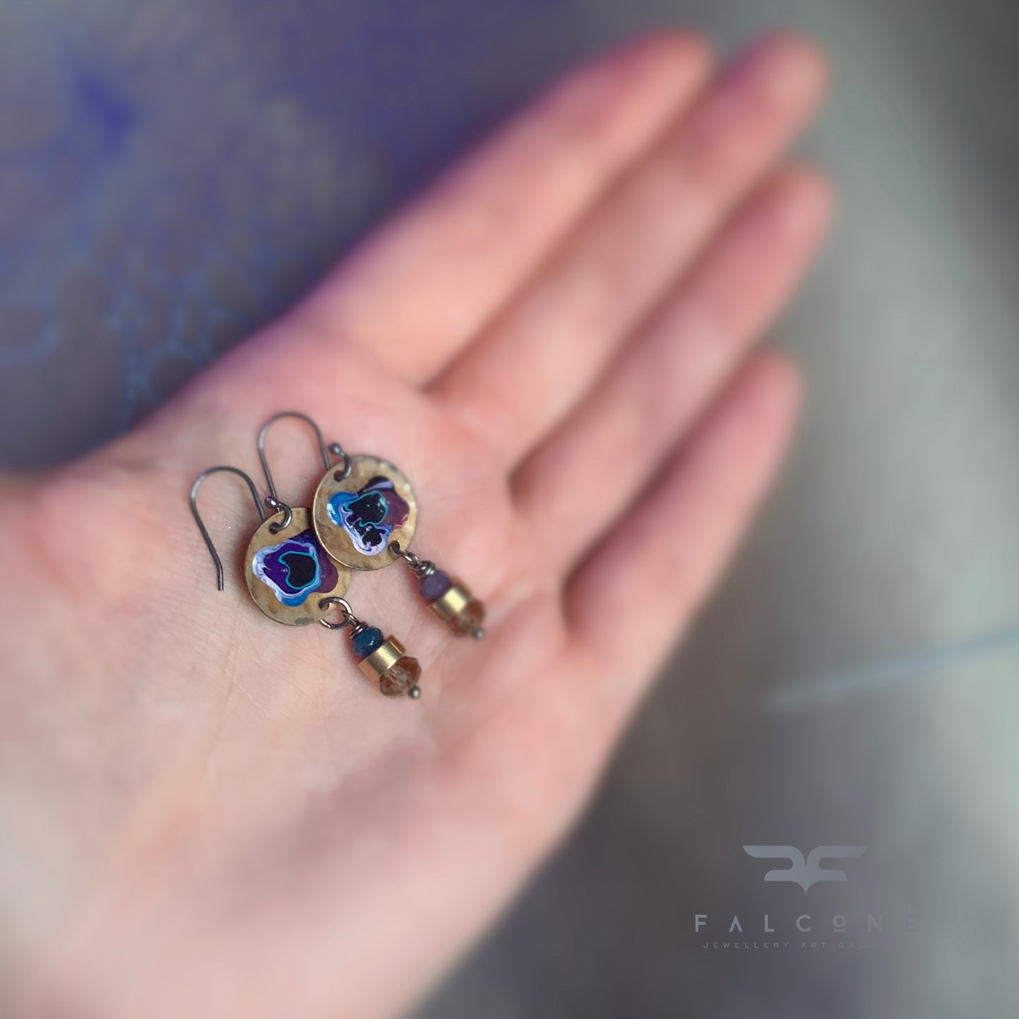 Jade, Silver, and Brass Earrings 'Flower in Violet and Blue'