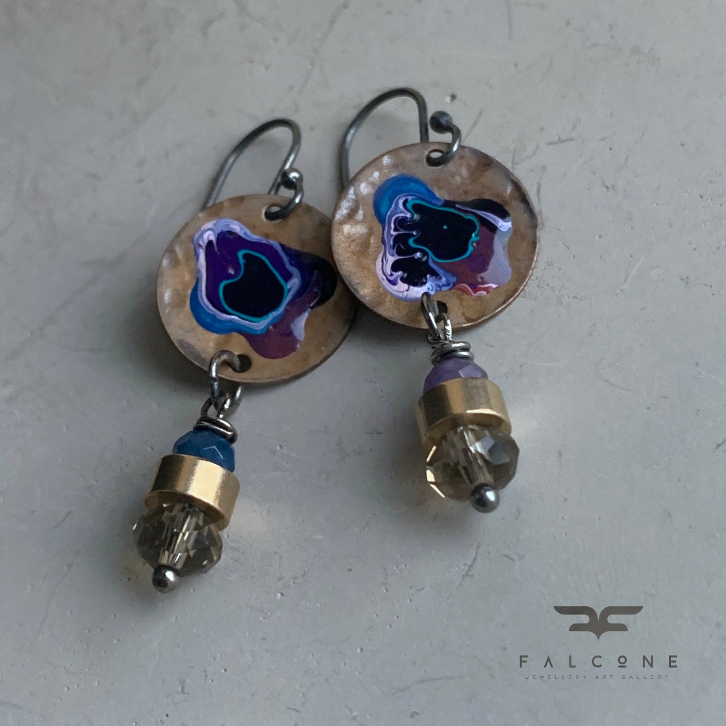 Jade, Silver, and Brass Earrings 'Flower in Violet and Blue'