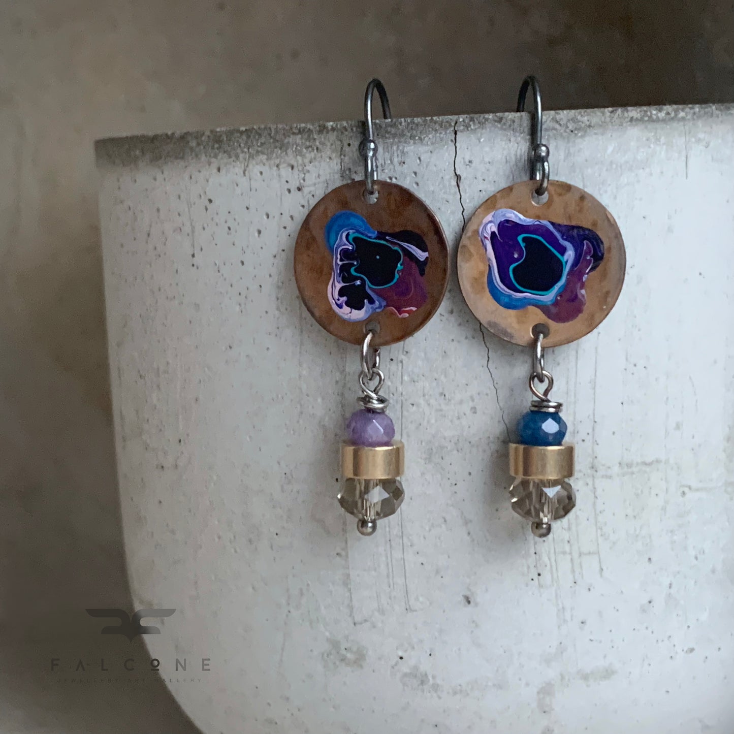 Jade, Silver, and Brass Earrings 'Flower in Violet and Blue'