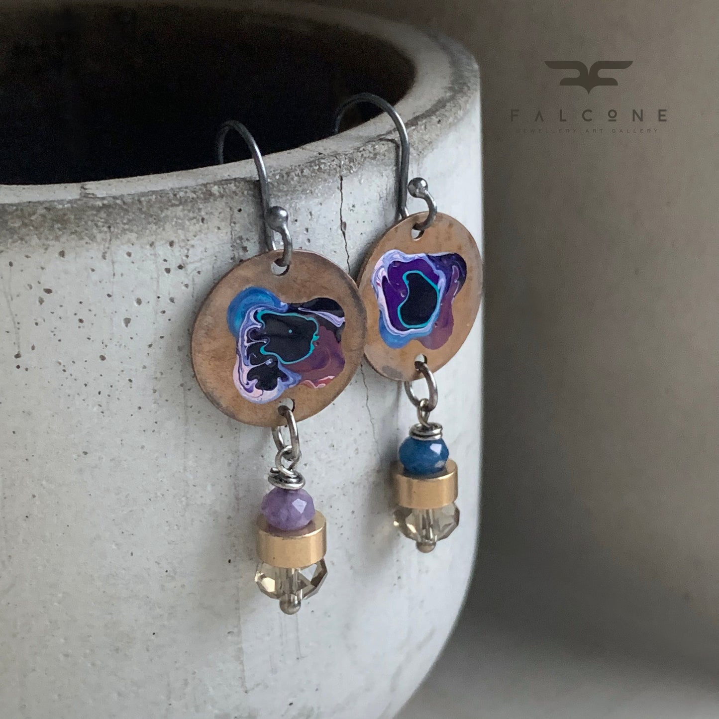 Jade, Silver, and Brass Earrings 'Flower in Violet and Blue'