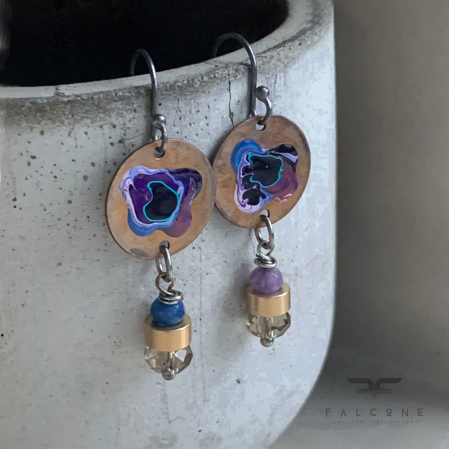 Jade, Silver, and Brass Earrings 'Flower in Violet and Blue'