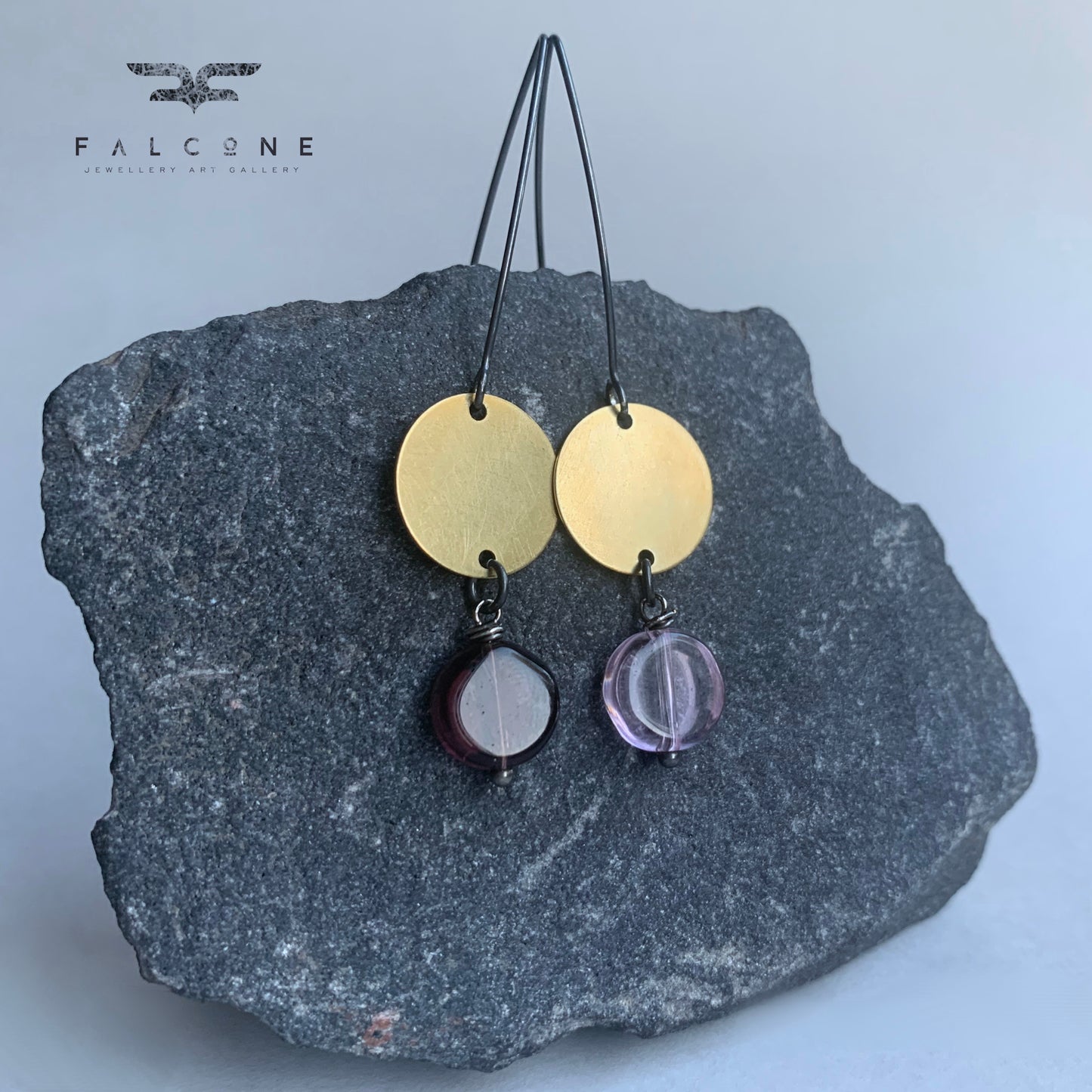 Dangle earrings made of brass, glass, and silver 'Duo'