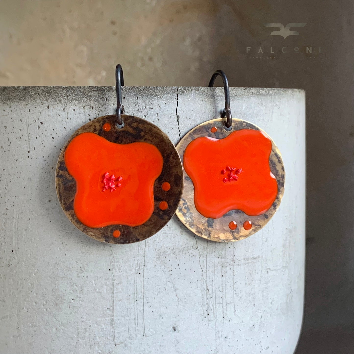 Brass and Silver Earrings with Enamel Flowers 'Red Poppies'