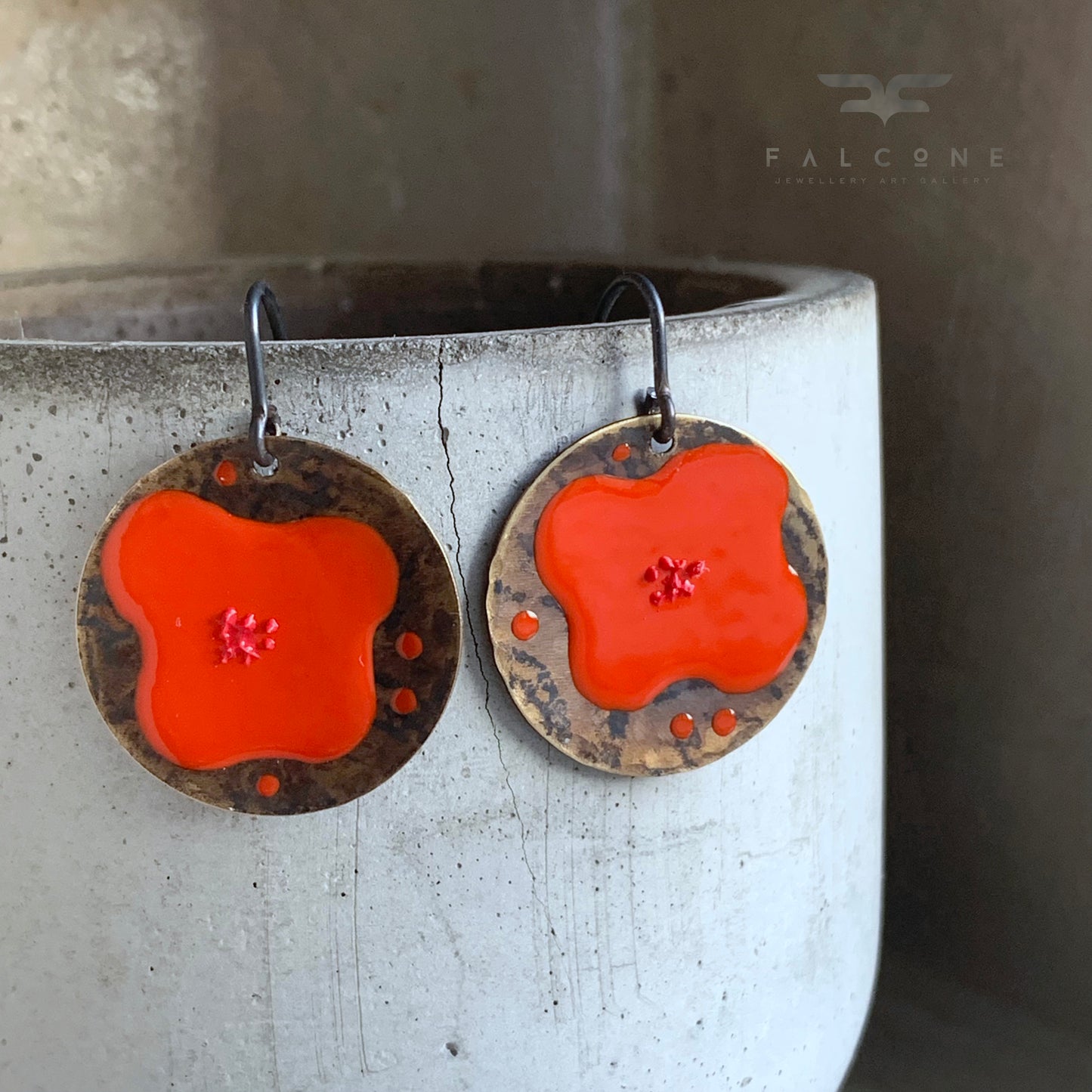 Brass and Silver Earrings with Enamel Flowers 'Red Poppies'