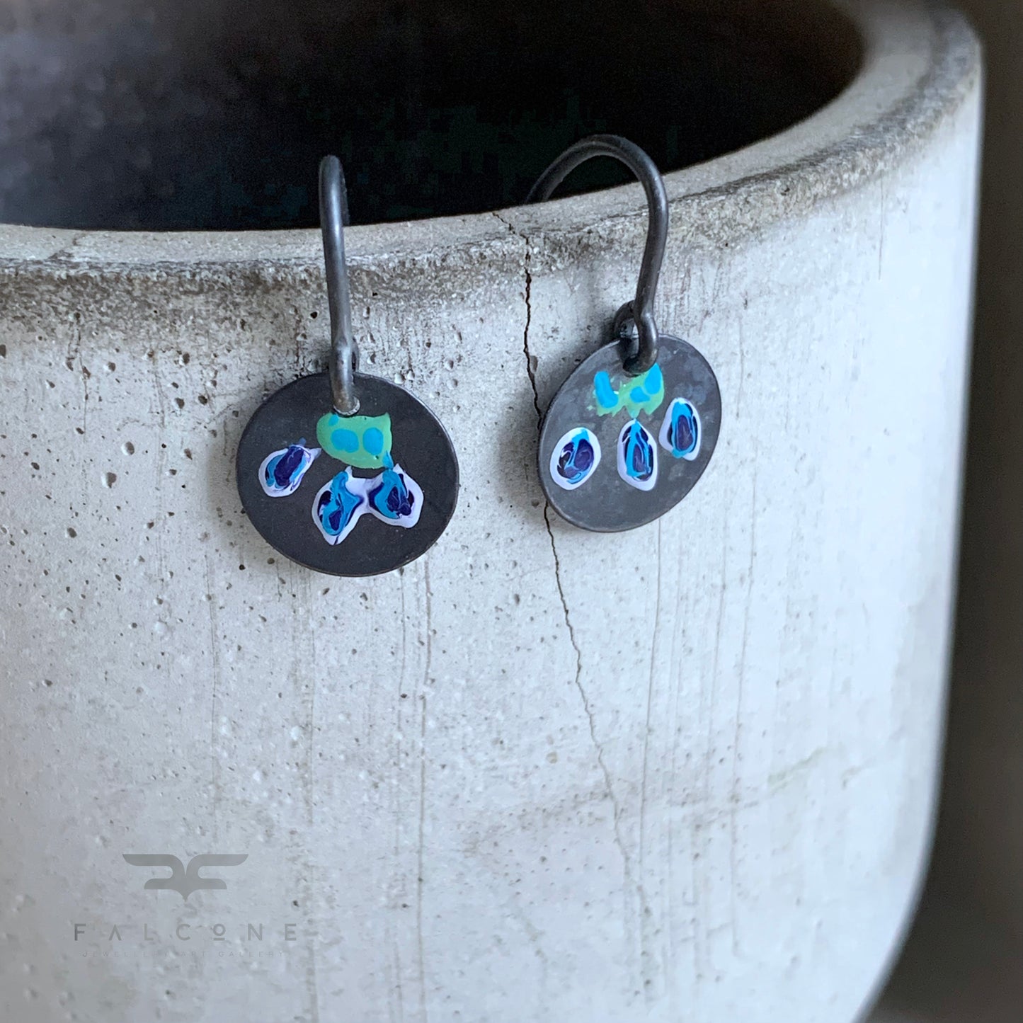 Enamelled Silver Earrings 'Wild Flowers – With Blue Petals'