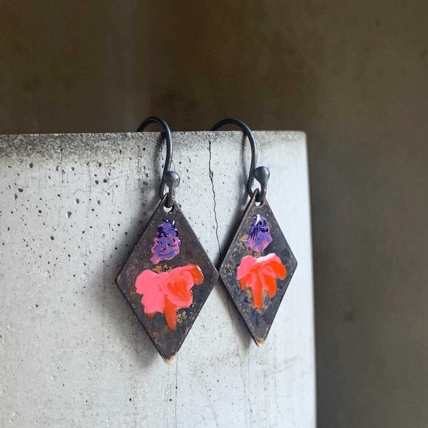Geometric earrings with brass & silver 'Little Flowers - Violet and Orange with Pink 2'