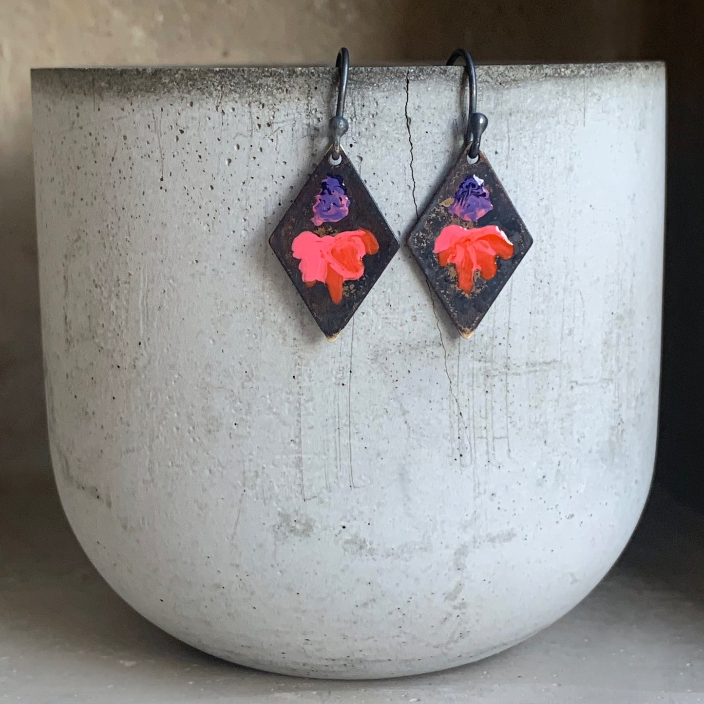 Geometric earrings with brass & silver 'Little Flowers - Violet and Orange with Pink 2'