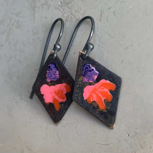 Geometric earrings with brass & silver 'Little Flowers - Violet and Orange with Pink 2'