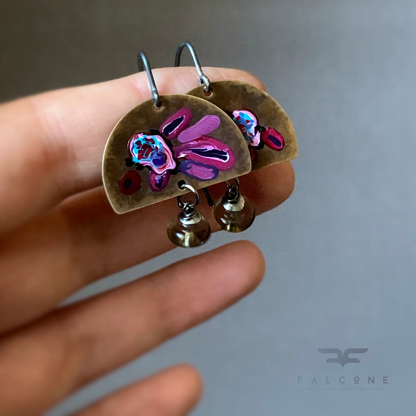 Brass, Smoky Quartz and Silver Earrings 'Exotic Flowers & Smoky Quartz'