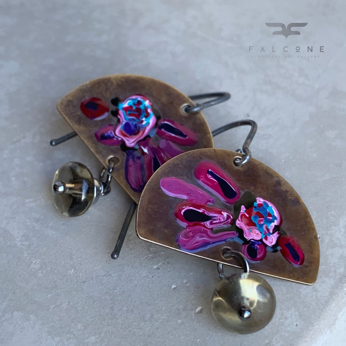 Brass, Smoky Quartz and Silver Earrings 'Exotic Flowers & Smoky Quartz'