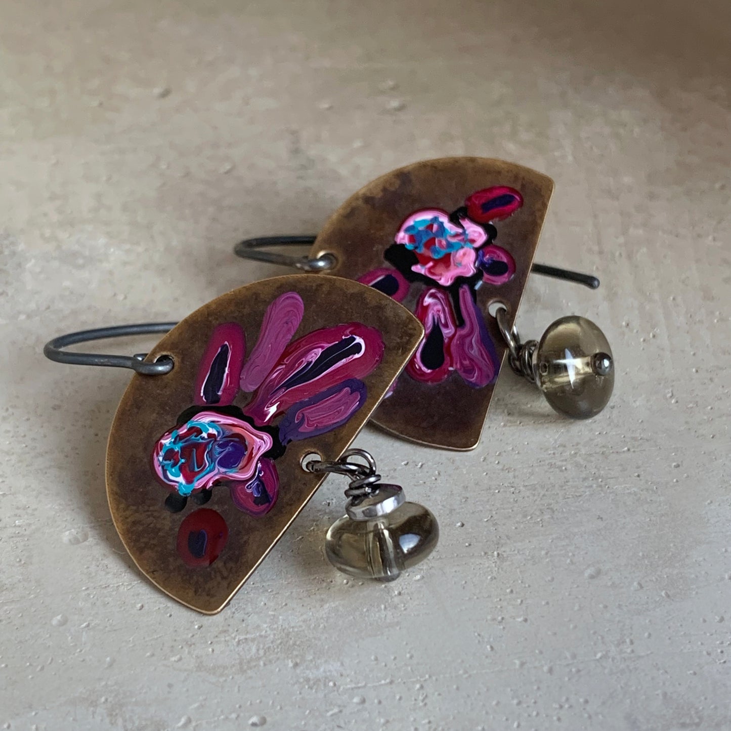 Brass, Smoky Quartz and Silver Earrings 'Exotic Flowers & Smoky Quartz'