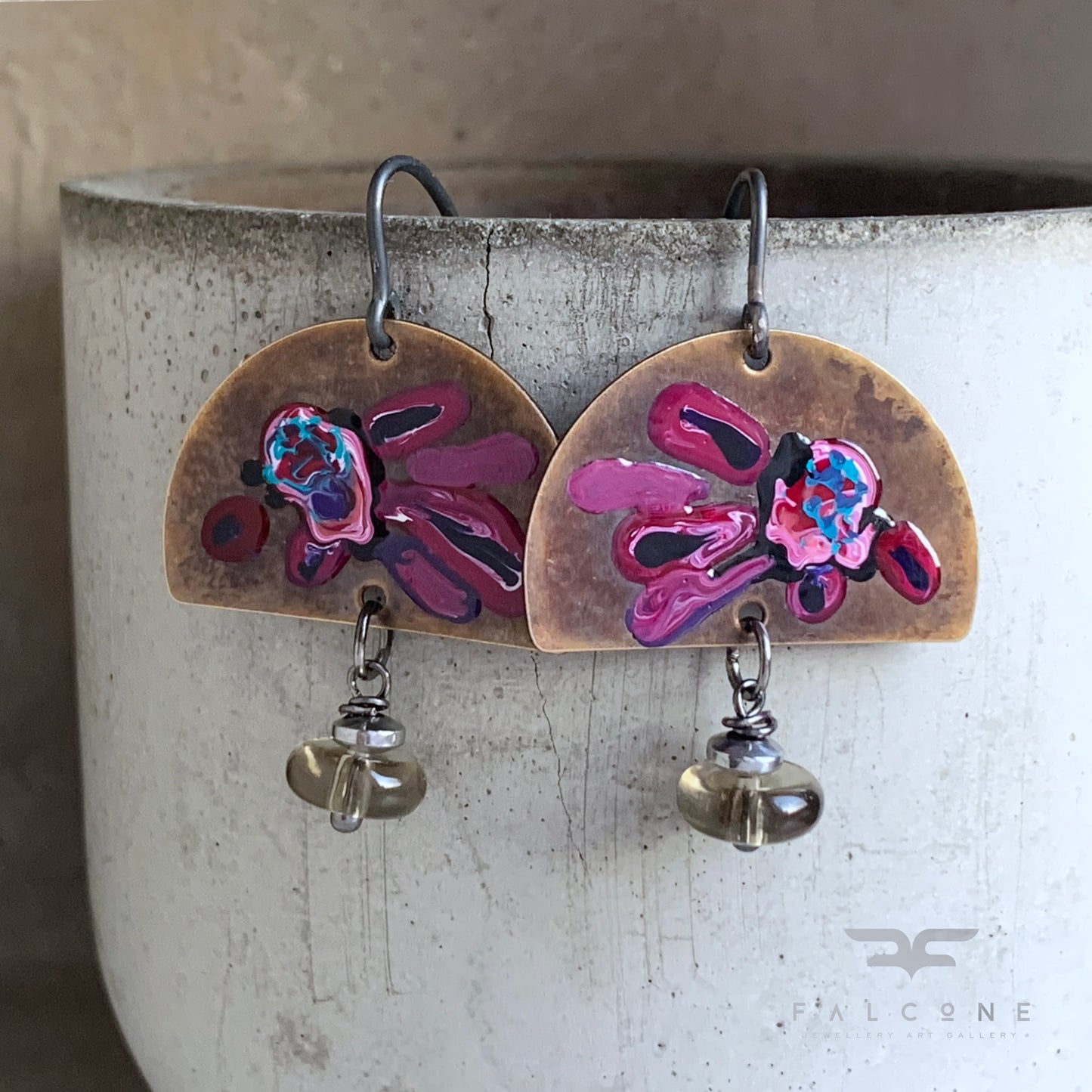 Brass, Smoky Quartz and Silver Earrings 'Exotic Flowers & Smoky Quartz'