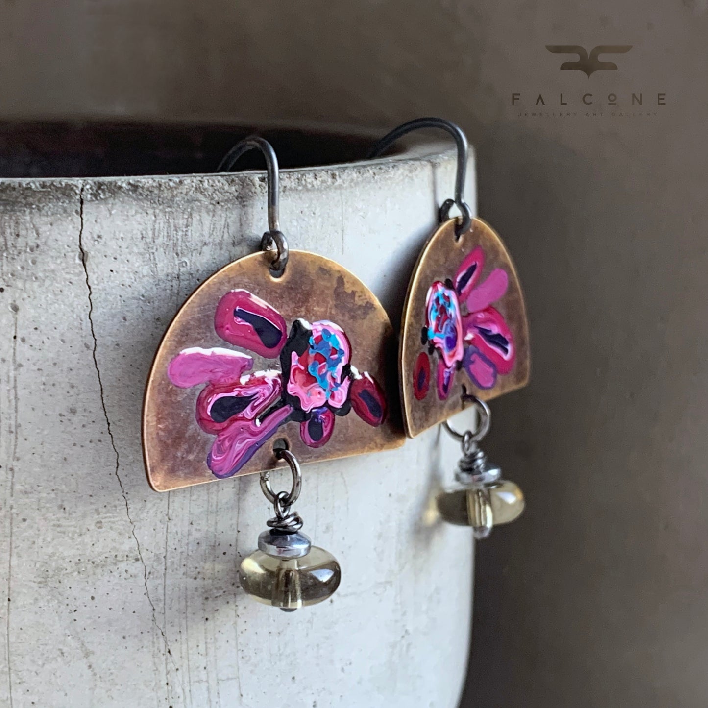 Brass, Smoky Quartz and Silver Earrings 'Exotic Flowers & Smoky Quartz'