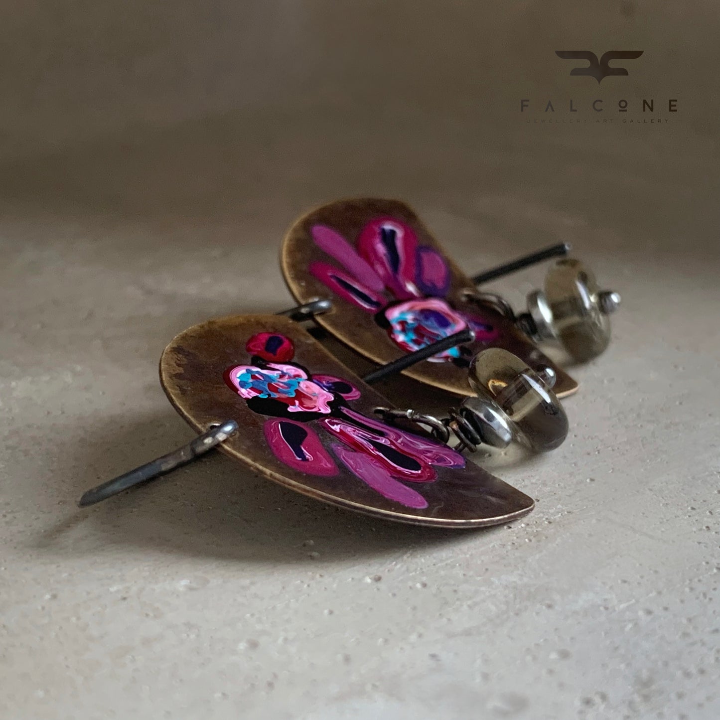 Brass, Smoky Quartz and Silver Earrings 'Exotic Flowers & Smoky Quartz'