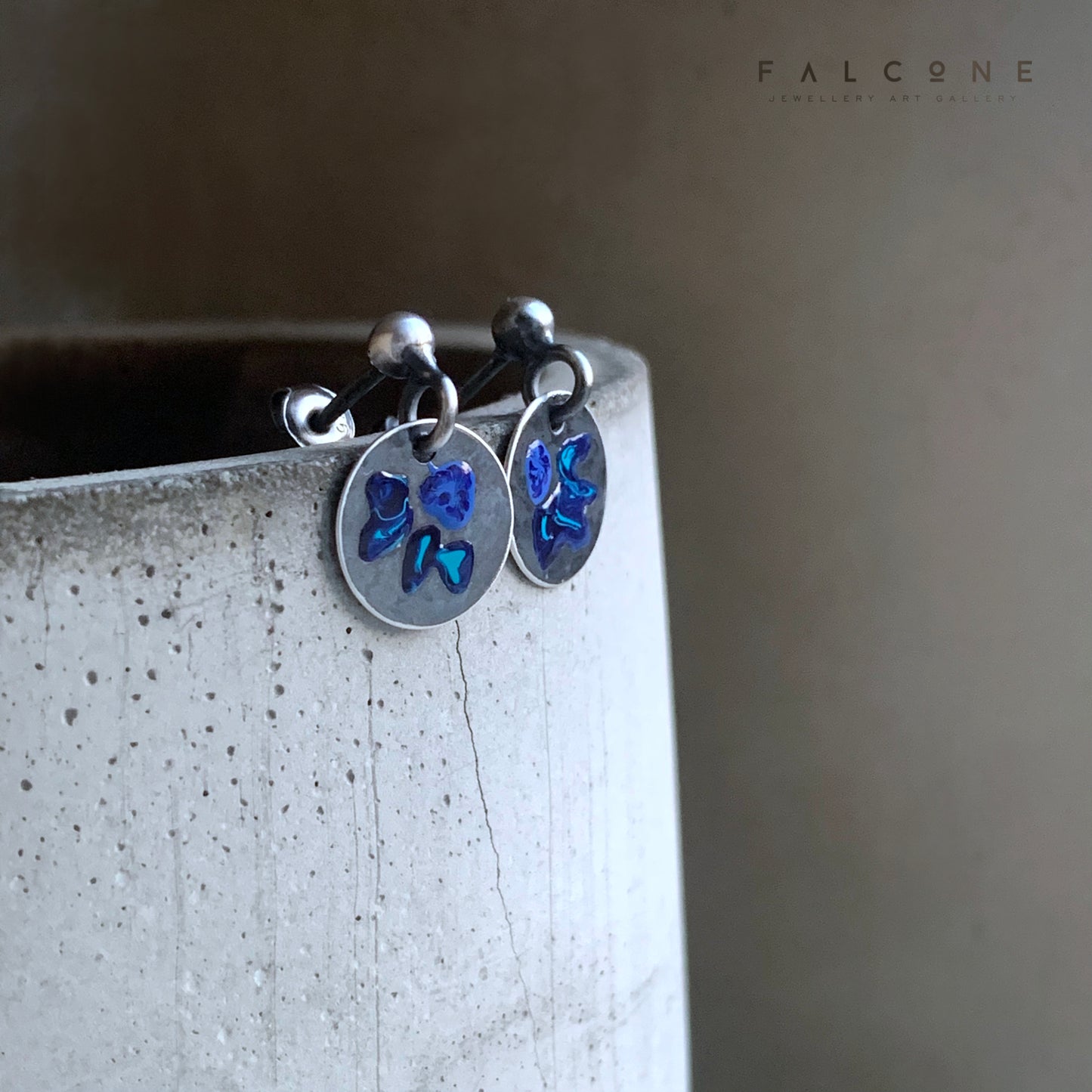 Silver Stud Earrings with Enamel 'Wildflowers - Dark Night Blue'