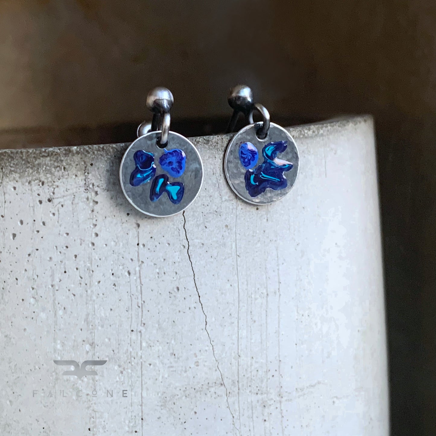 Silver Stud Earrings with Enamel 'Wildflowers - Dark Night Blue'