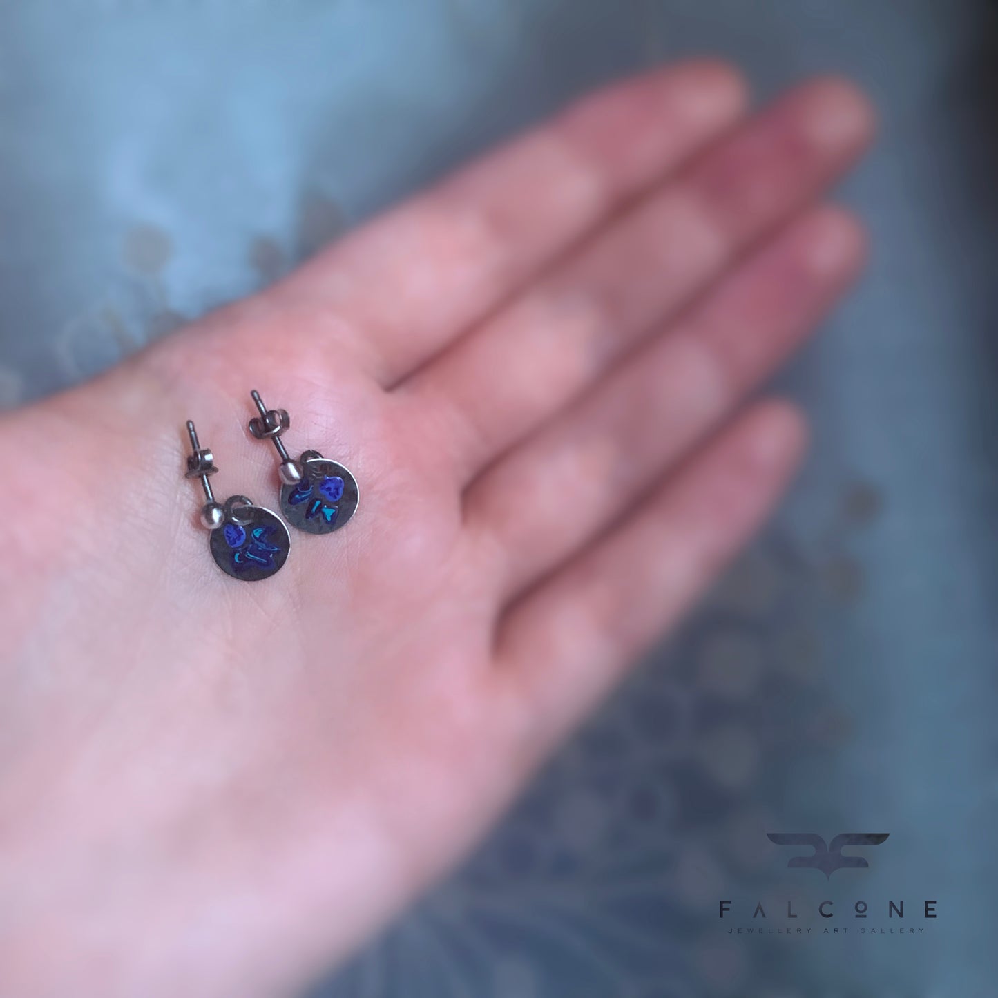 Silver Stud Earrings with Enamel 'Wildflowers - Dark Night Blue'