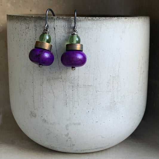 Howlite, Brass and Silver Earrings 'Dark Purple & Accent Green'