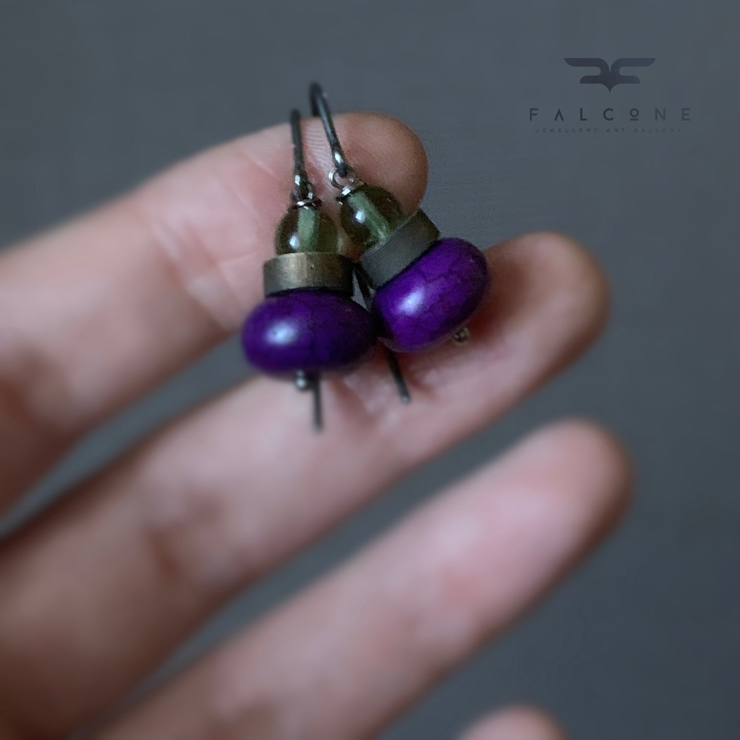 Howlite, Brass and Silver Earrings 'Dark Purple & Accent Green'