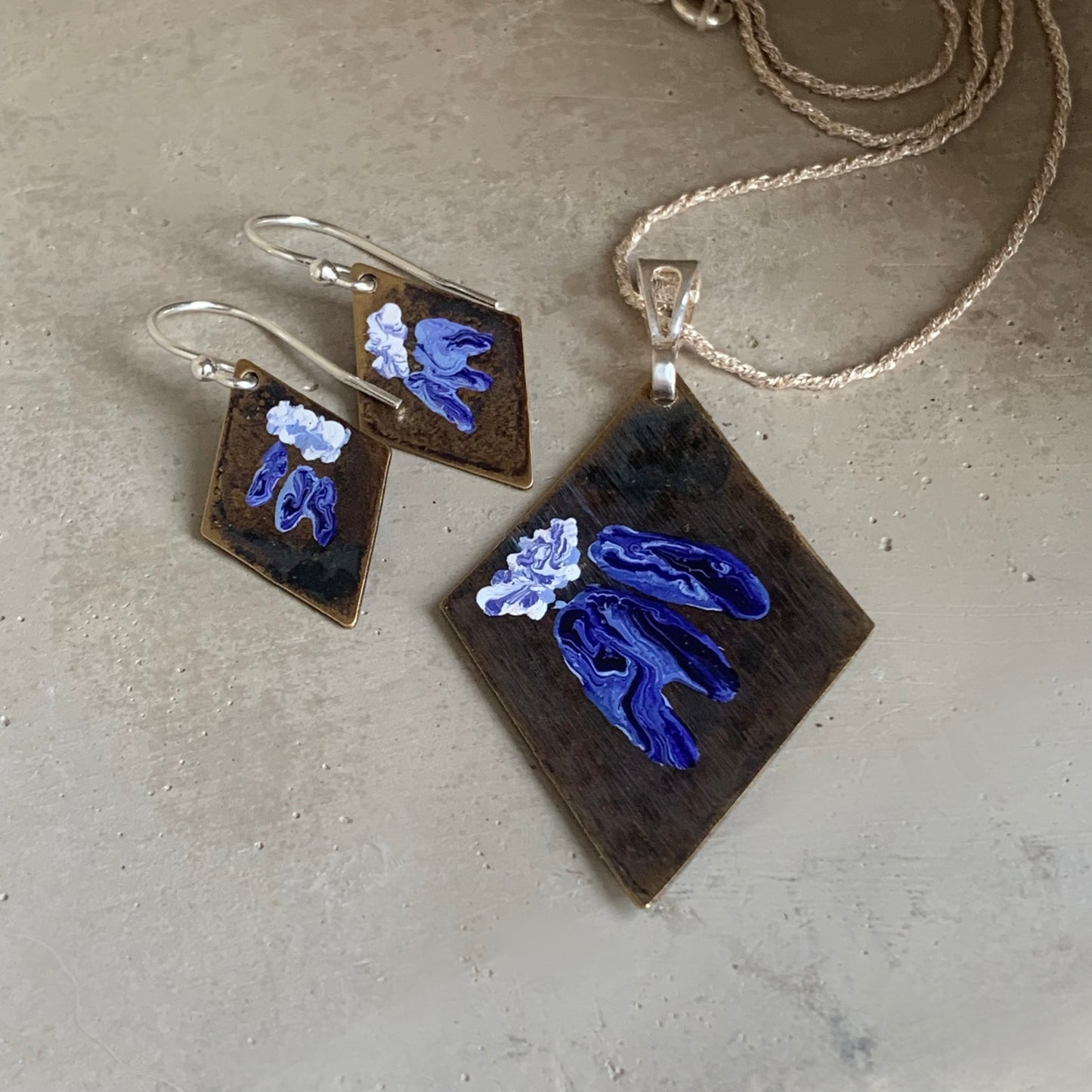 Set of Brass and Silver Jewellery with 'Purple Flowers' Necklace and Earrings