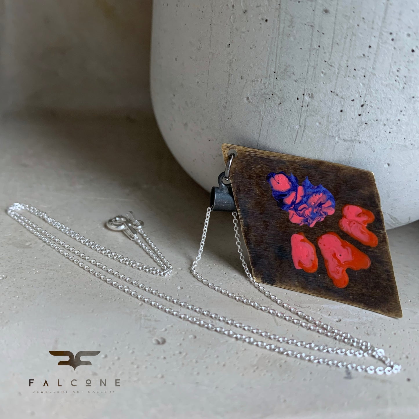 Necklace made of patinated brass and silver 'Flowers - Violet and Orange with Pink'